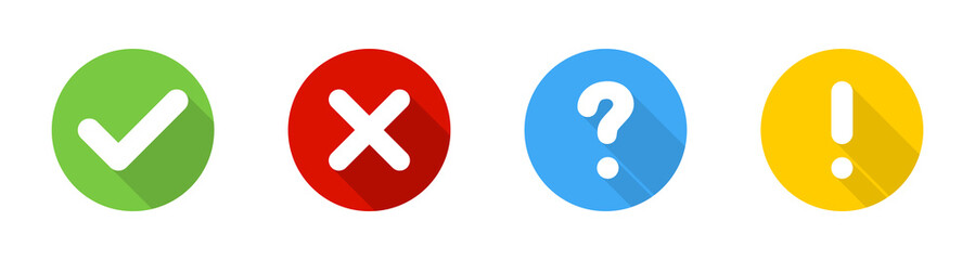 Fototapeta premium Check mark and cross with question and exclamation signs, isolated. Signs collection in circle with shadow in flat design. Vector illustration