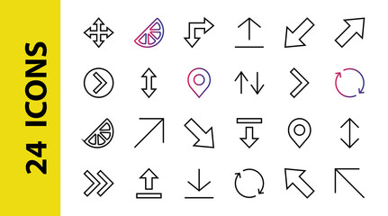 Set of line arrows, directions, arrows, contains icons such as pause, continuation, directly, to the right, Editable stroke. 480x480, On a white background, Vector illustration