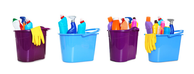 Buckets with cleaning supplies on white background. Banner design