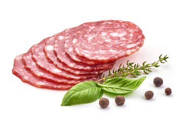 Salami smoked sausage, isolated on white background