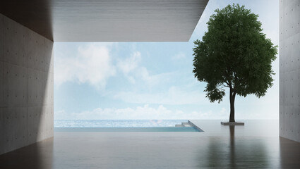 The interior design of modern outdoor living room and concrete wall background and seascape view