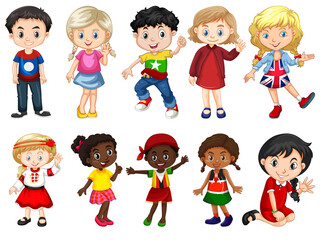 Happy Cartoon Kids Collection. Multicultural children in different positions isolated on white background