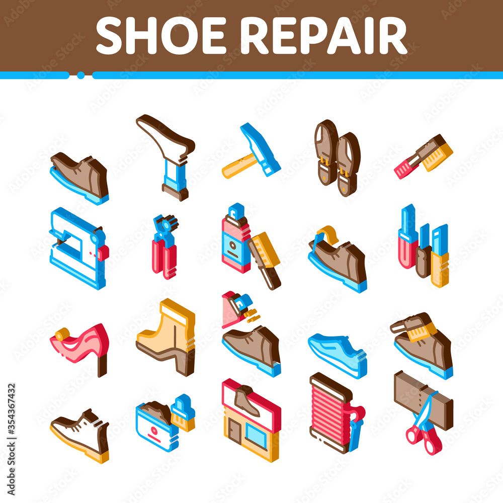 Wall mural Shoe Repair Equipment Icons Set Vector. Isometric Shoes Repair Tools And Scissors, Sewing Machine And Hammer, Cream And Brush Illustrations