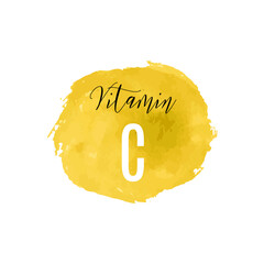 Vitamin C watercolor logo. Yellow ink splash, brush stroke, spot with hand drawn lettering icon, vector illustration. Meds for heath ads, treatment cold flu fresh concept. Modern calligraphy badge.