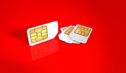 3D rendering of sim card for mobile phones on  red background