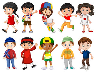 Happy Kids Cartoon Collection Set. Multicultural children in different positions isolated on white background