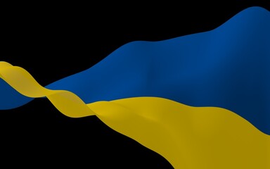 The flag of Ukraine on a dark background. National flag and state ensign. Blue and yellow bicolour. 3D illustration waving flag