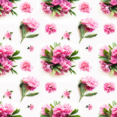 Seamless pattern of pink peony flowers isolated on white. Blossom fresh summer bouquet.