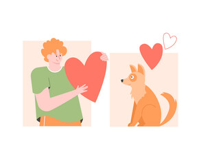 Male character with a heart and a fluffy cute dog. Adopting a new friend from the shelter. The owner and his pet. Vector flat illustration.