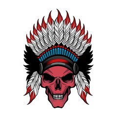 American Indian Skull Vector illustration. Angry Warrior Face Design for tshirt, emblem, banner and poster. 