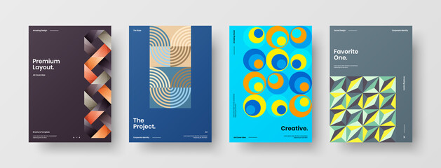 Obraz premium Company identity brochure template collection. Business presentation vector A4 vertical orientation front page mock up set. Corporate report cover abstract geometric illustration design layout bundle.
