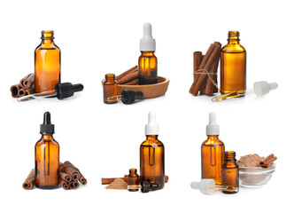 Set with essential oils, cinnamon sticks and powder on white background