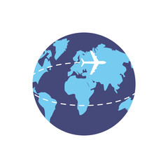 Plane flying around the world. Travel the world flat vector illustration isolated on white.