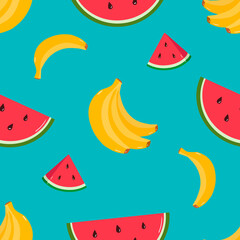 Seamless vector pattern with bananas and watermelons. Bright summer design. Colored background. Pattern with tropical fruits.
