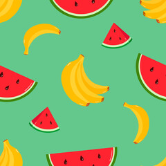 Seamless vector pattern with bananas and watermelons. Bright summer design. Colored background. Pattern with tropical fruits.
