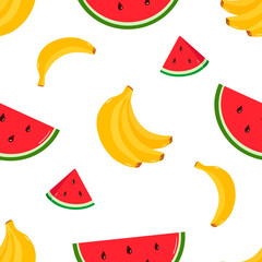 Seamless vector pattern with bananas and watermelons. Bright summer design. White background. Pattern with tropical fruits.