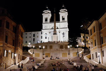 Italy. Rome. Spanish Steps. View of the Spanish Steps stairs at night.