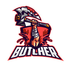 Butcher Mascot Esport Logo Design Vector with Modern Illustration Concept Style for Badge, Emblem and Tshirt Printing. Red Blood Butcher Esport Logo for sport and esport team.