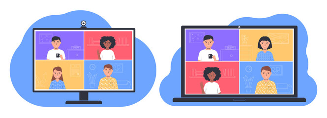 Video conference. People talking online. Laptop and computer monitor with app interface for online communication. People stay at home. Online meeting friends.