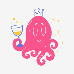 Octopus with a glass of wine. Print for t-shirt, Notepad, banner Vector. Cartoon. Isolated art
