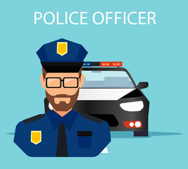 Vector of a police officer with a service car on a background.