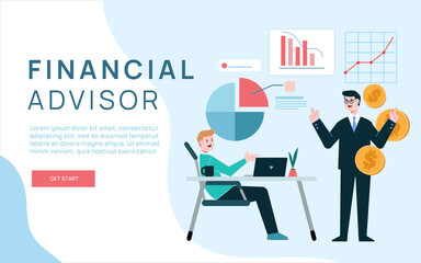 Financial advisor giving advice on investment money, market analysis, management, planning for customer. Professional financial advisor for web banner, interface, infographics. Vector illustration.