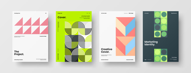 Fototapeta premium Company identity brochure template collection. Business presentation vector A4 vertical orientation front page mock up set. Corporate report cover abstract geometric illustration design layout bundle.