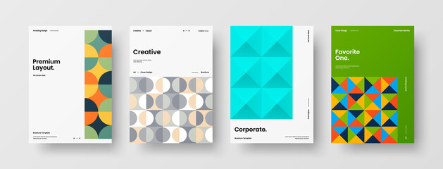 Fototapeta premium Company identity brochure template collection. Business presentation vector A4 vertical orientation front page mock up set. Corporate report cover abstract geometric illustration design layout bundle.