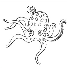 Octopus vector linear illustration, coloring page, sea creature, isolated on white background