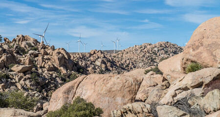 Eolic turbines from a power electric wind farm on the mountains of La Rumorosa, Baja California....