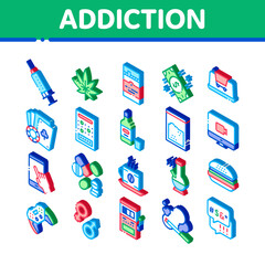 Addiction Bad Habits Icons Set Vector. Isometric Alcohol And Drug, Shopping And Gambling, Hemp, Smoking And Junk Food Addiction Illustrations