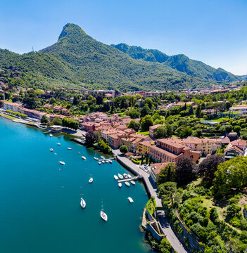 Aerial view of the front lake of Valmadrera, Malgrate and Par&egrave;, province of Lecco, Italy