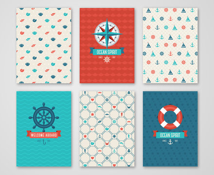 Summer Banners Set Concept. Pattern and Labels with Nautical Symbols. Vector illustration. Marine Symbols. Save the Date Cards Design in Cute Marine Style. Compass, Wheel.