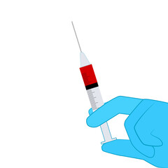 Hand in a glove holding a syringe with with blood. Vector illustration