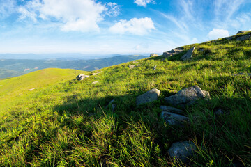 row of huge rocks on a grassy hill. lovely summer scenery of Carpathian mountains. clouds on the blue sky. explore the world concept