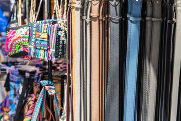 Traditional handmade leather men belt in the market of Heraklion. Island of Crete. Greece