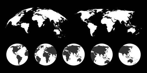 Accurate vector world map, high resolution. Earth globe collection. Black earth globes icons
