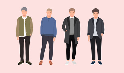 Group of young people. Young boys isolated characters. Youth lifestyle. Happy teenager in casual clothes. flat design vector illustration