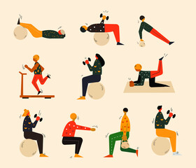 Big set of people doing workouts and sports activities. Big set of male and female characters in different poses. Gym people. Healthy and active lifestyle concept. Vector collection of flat people.