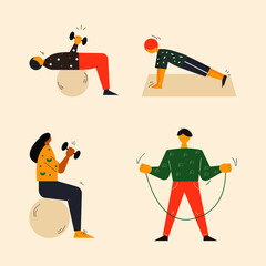 Obraz premium Set of people doing sports. Four people working out. People doing sports activities and workouts. Vector flat colorful illustration in modern style.