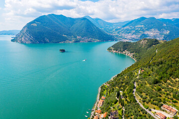 Fototapeta na wymiar Lake Iseo, Italy, Monte Isola, aerial view of the island of San Paolo and the Ottofredi Castle