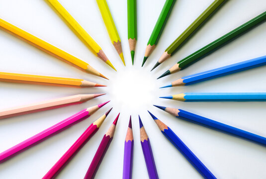 Colorful pencils in a circle against white background
