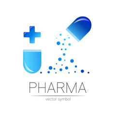 Pharmacy vector symbol with blue cross for pharmacist, pharma store, doctor and medicine. Modern design vector logo on white background. Pharmaceutical icon logotype tablet pill capsule. Health