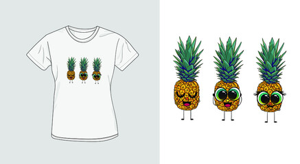 Print for t shirt design with three wise ananas. Funny illustration of pineapple character for print.