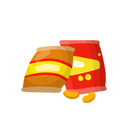 Chips in red and yellow packaging. Set of different snacks. Junk street food. Cartoon flat illustration. Package of crackers.