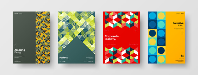Fototapeta premium Company identity brochure template collection. Business presentation vector A4 vertical orientation front page mock up set. Corporate report cover abstract geometric illustration design layout bundle.