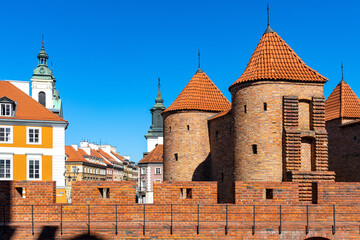 Warsaw Barbican fortified outpost as part of brick and stone historic defence walls with Stare...