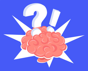Vector creative illustration of pink human brain with big question mark and exclamation on blue background.