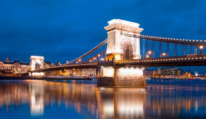 Chain bridge at twilight blue hour - Budapest, Hungary
