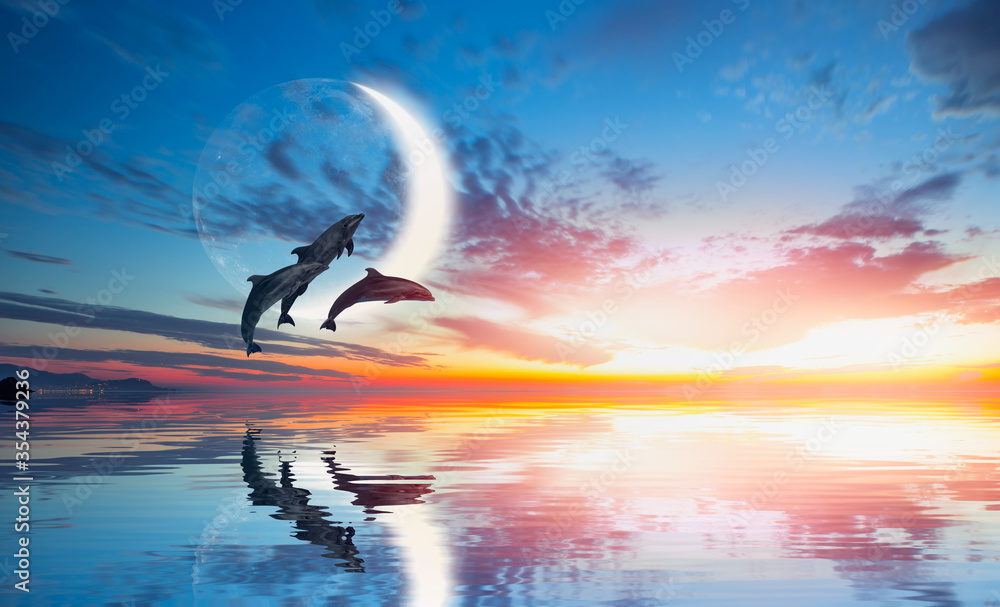 Poster silhoutte of beautiful dolphin jumping up from the sea at sunset with super moon 